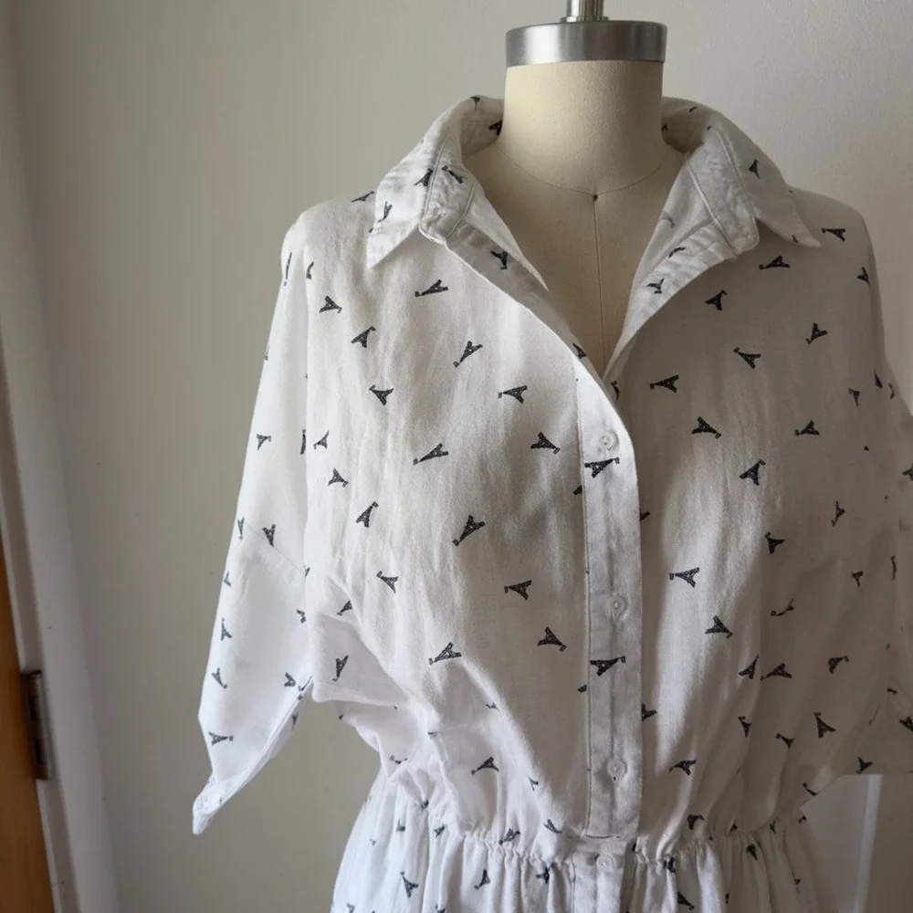 ELLISON Linen Blend Eiffel Tower Print Button Up Shirt Dress-White Knee Length-S
